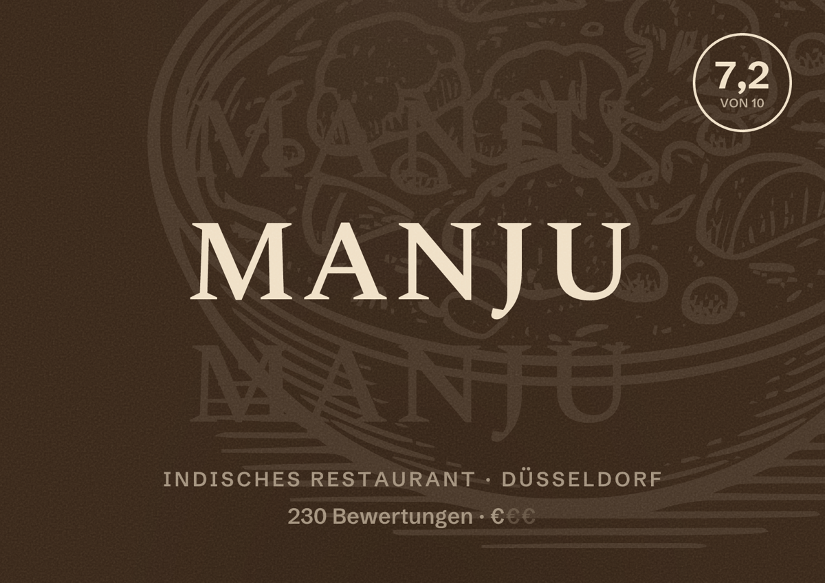 Illustriertes Poster von Manju, Indisches Restaurant in Düsseldorf: Bewertung 7,2 von 10 aus 230 Bewertungen, Preisniveau €