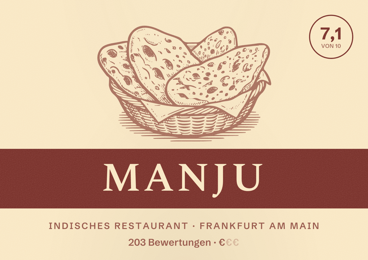 Illustriertes Poster von Manju, Indisches Restaurant in Frankfurt am Main: Bewertung 7,1 von 10 aus 203 Bewertungen, Preisniveau €