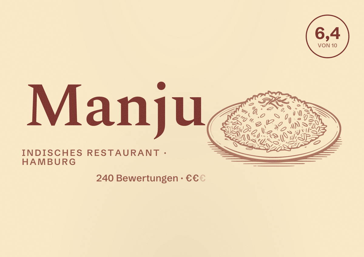 Illustriertes Poster von Manju, Indisches Restaurant in Hamburg: Bewertung 6,4 von 10 aus 240 Bewertungen, Preisniveau €€