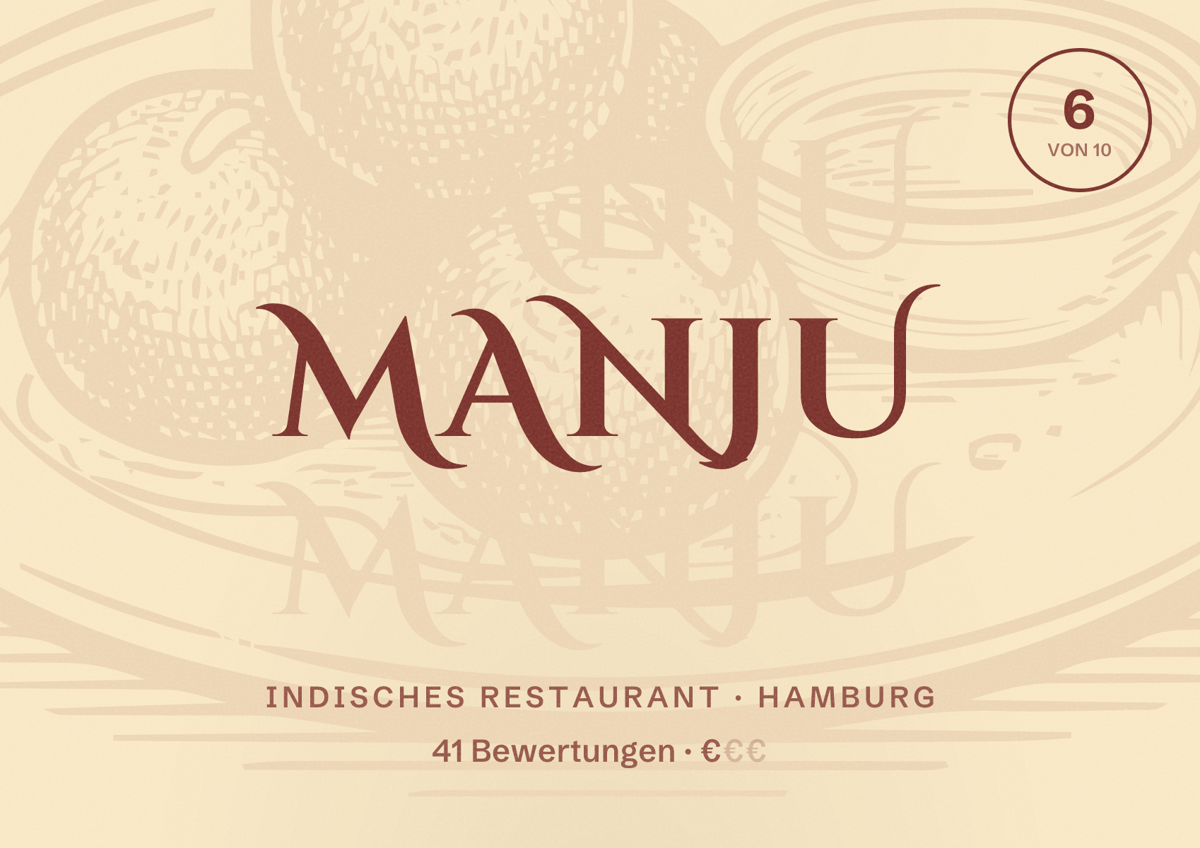 Illustriertes Poster von MANJU, Indisches Restaurant in Hamburg: Bewertung 6 von 10 aus 41 Bewertungen, Preisniveau €