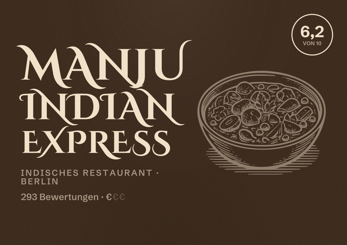 Illustriertes Poster von Manju Indian Express, Indisches Restaurant in Berlin: Bewertung 6,2 von 10 aus 293 Bewertungen, Preisniveau €
