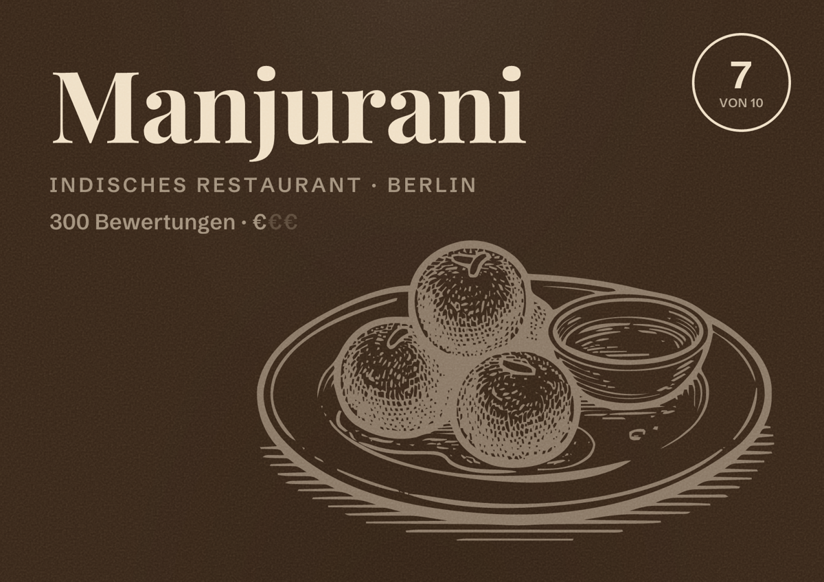Illustriertes Poster von Manjurani, Indisches Restaurant in Berlin: Bewertung 7,0 von 10 aus 300 Bewertungen, Preisniveau €