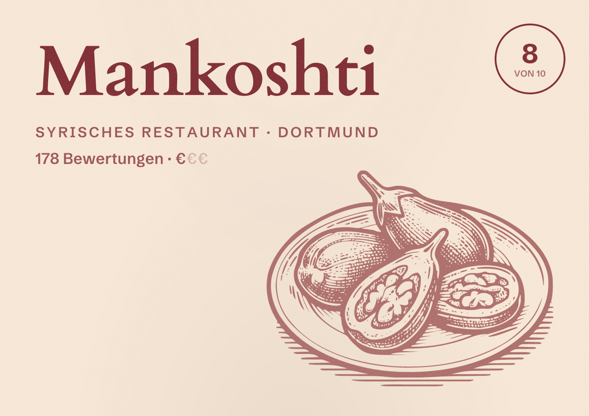 Illustriertes Poster von Mankoshti, Syrisches Restaurant in Dortmund: Bewertung 8 von 10 aus 178 Bewertungen, Preisniveau €