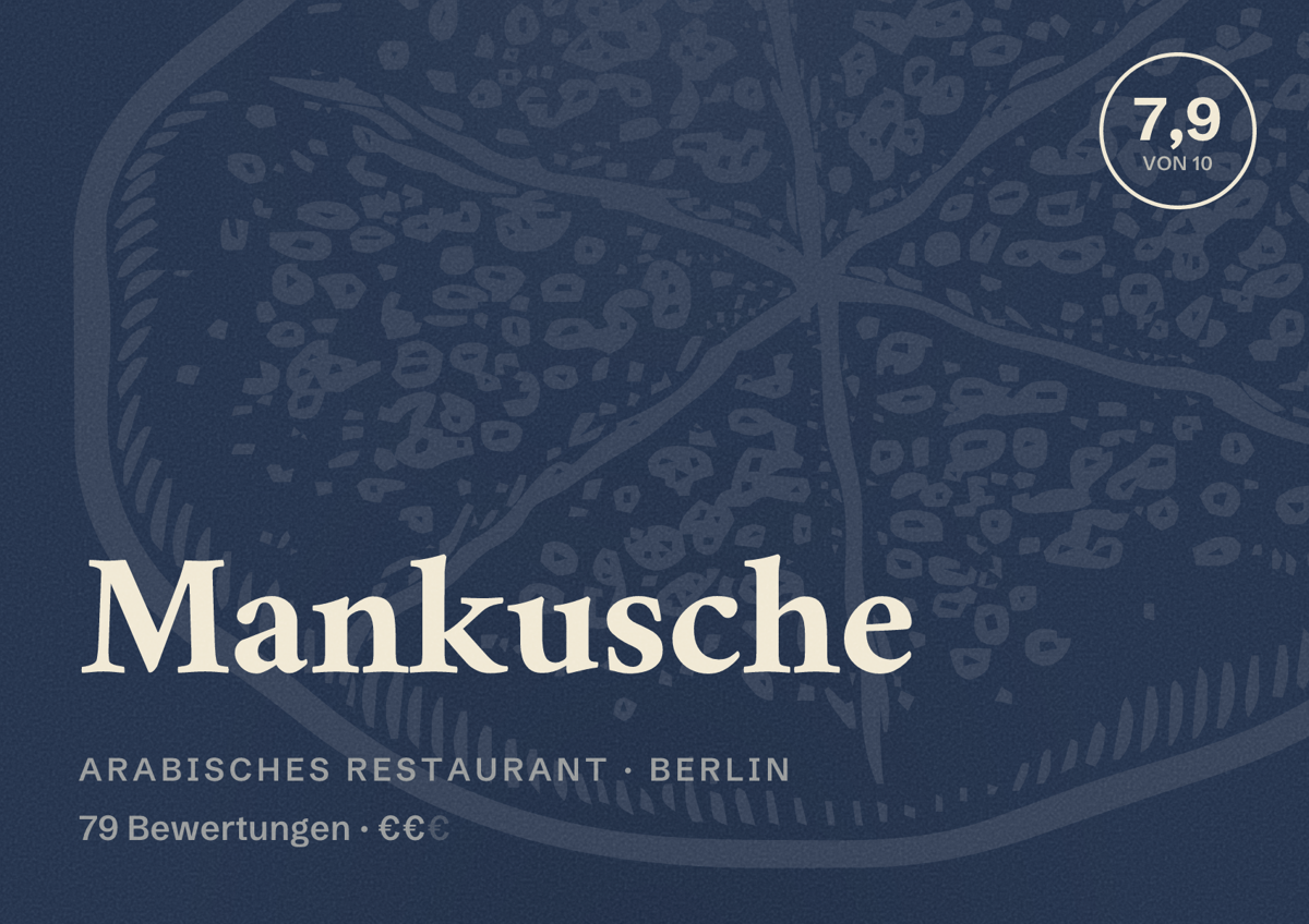 Illustriertes Poster von Mankusche, Arabisches Restaurant in Berlin: Bewertung 7,9 von 10 aus 79 Bewertungen, Preisniveau €€