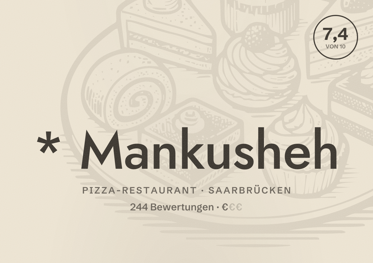 Illustriertes Poster von * Mankusheh, Pizza-Restaurant in Saarbrücken: Bewertung 7,4 von 10 aus 244 Bewertungen, Preisniveau €