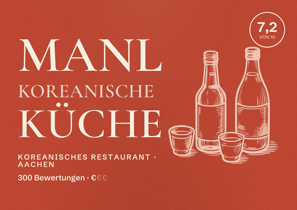 Illustriertes Poster von Manl Koreanische Küche, Koreanisches Restaurant in Aachen: Bewertung 7,2 von 10 aus 300 Bewertungen, Preisniveau €