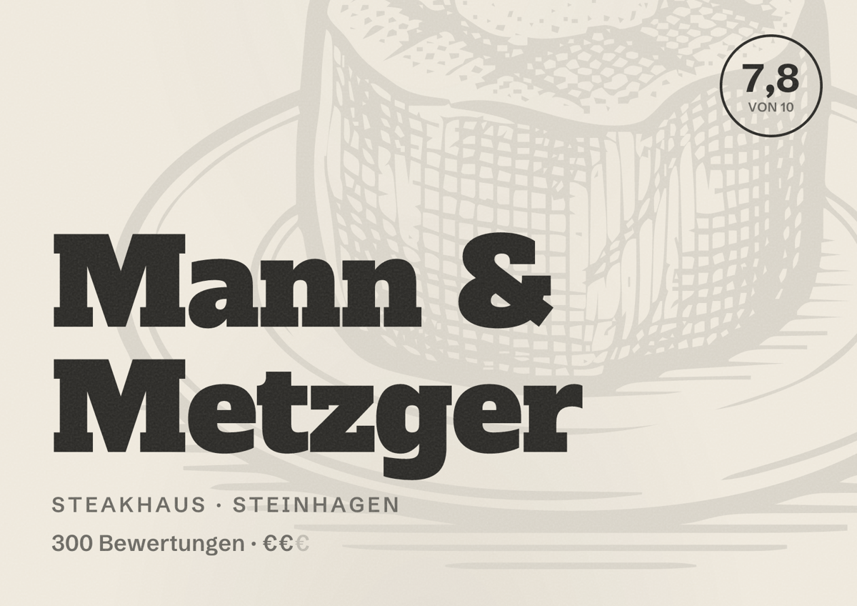Illustriertes Poster von Mann & Metzger, Steakhaus in Steinhagen: Bewertung 7,8 von 10 aus 300 Bewertungen, Preisniveau €€
