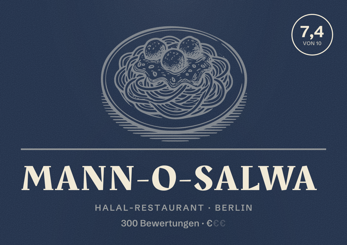 Illustriertes Poster von Mann-o-Salwa, Halal-Restaurant in Berlin: Bewertung 7,4 von 10 aus 300 Bewertungen, Preisniveau €