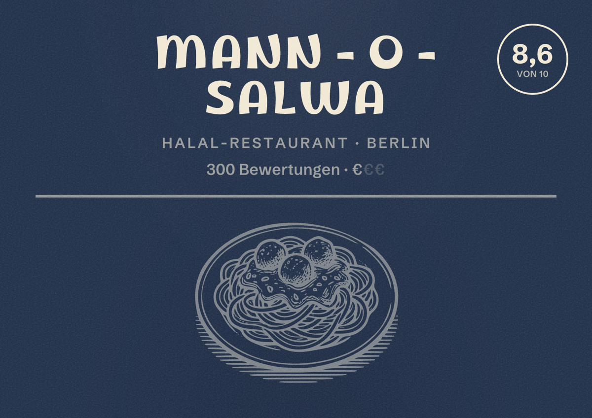 Illustriertes Poster von Mann - o - Salwa, Halal-Restaurant in Berlin: Bewertung 8,6 von 10 aus 300 Bewertungen, Preisniveau €