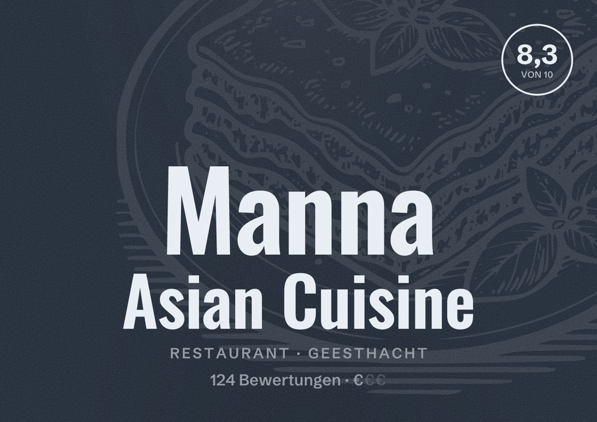 Illustriertes Poster von Manna Asian Cuisine, Restaurant in Geesthacht: Bewertung 8,3 von 10 aus 124 Bewertungen, Preisniveau €