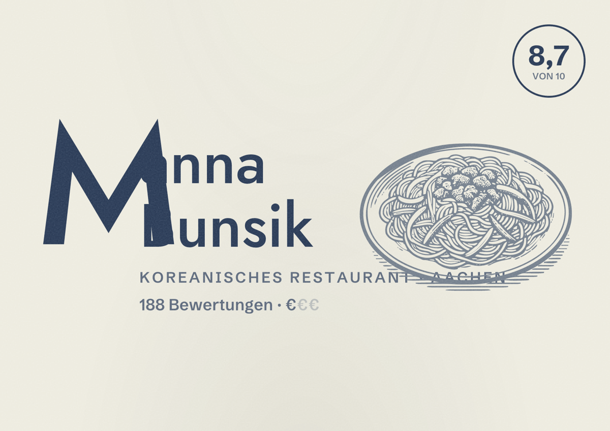 Illustriertes Poster von Manna Bunsik, Koreanisches Restaurant in Aachen: Bewertung 8,7 von 10 aus 188 Bewertungen, Preisniveau €