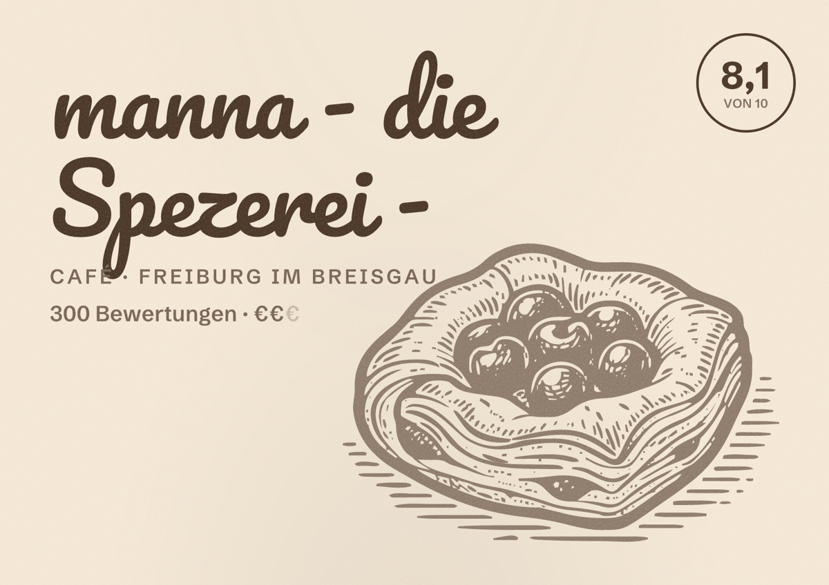 Illustriertes Poster von manna - die Spezerei -, Café in Freiburg im Breisgau: Bewertung 8,1 von 10 aus 300 Bewertungen, Preisniveau €€
