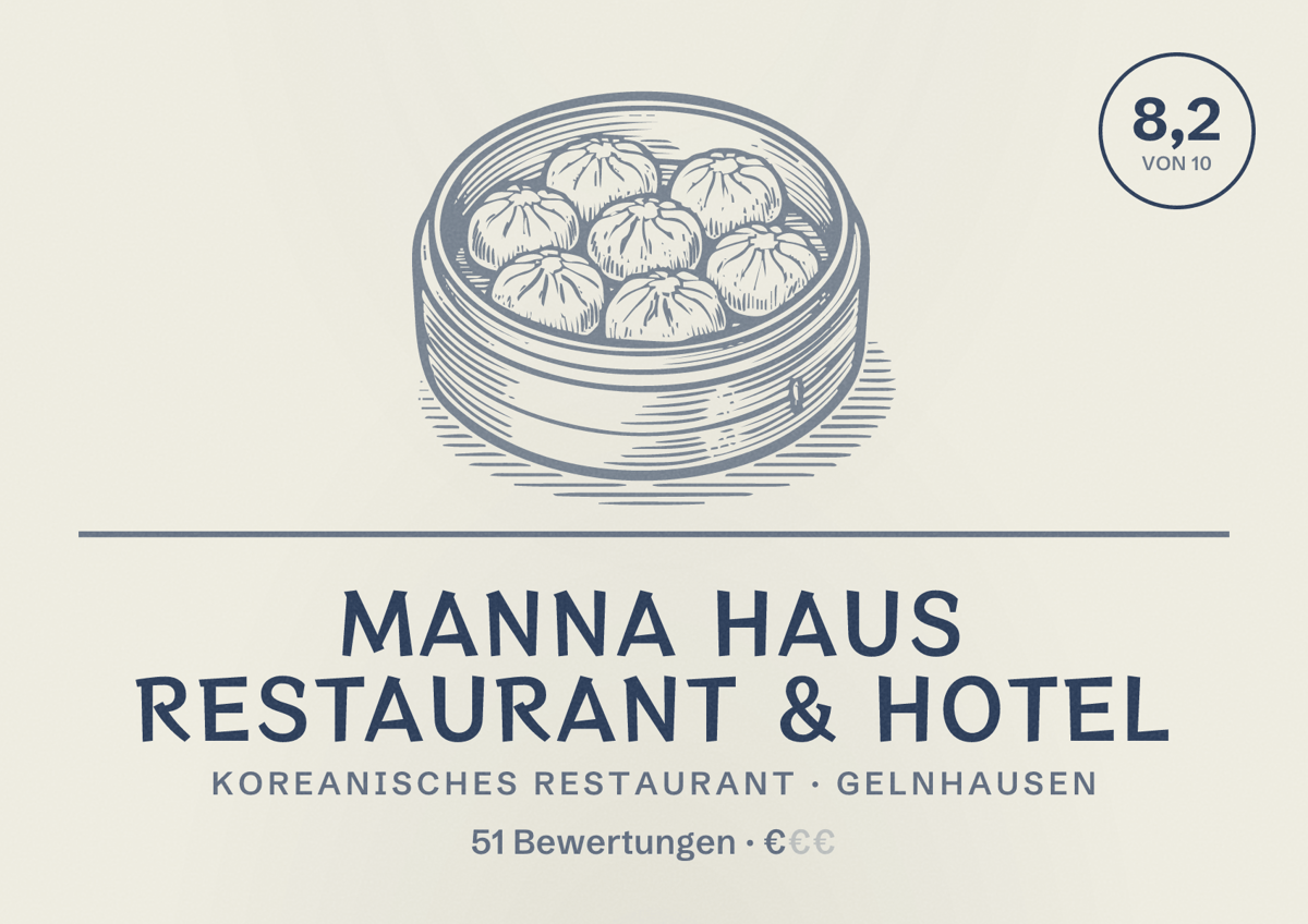 Illustriertes Poster von Manna Haus Restaurant & Hotel, Koreanisches Restaurant in Gelnhausen: Bewertung 8,2 von 10 aus 51 Bewertungen, Preisniveau €