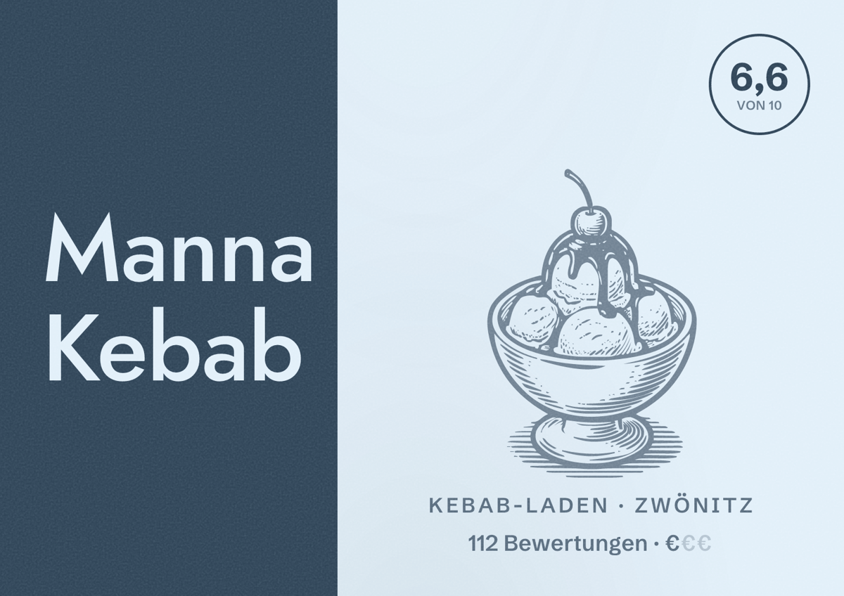 Illustriertes Poster von Manna Kebab, Kebab-Laden in Zwönitz: Bewertung 6,6 von 10 aus 112 Bewertungen, Preisniveau €