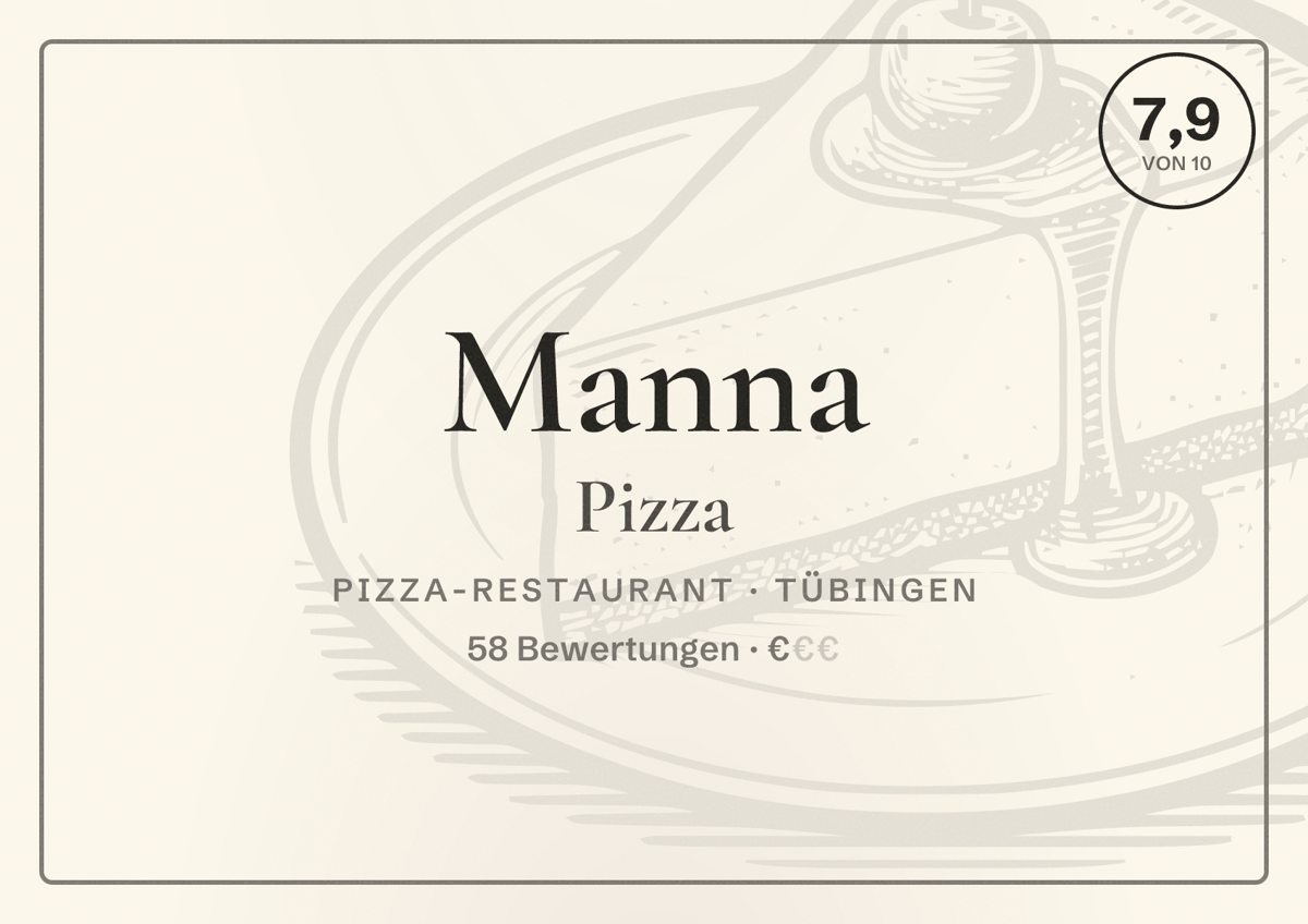 Illustriertes Poster von Manna Pizza, Pizza-Restaurant in Tübingen: Bewertung 7,9 von 10 aus 58 Bewertungen, Preisniveau €