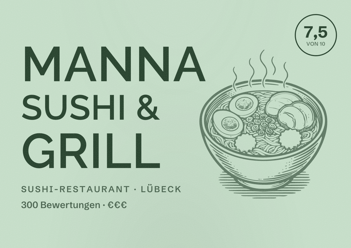 Illustriertes Poster von Manna Sushi & Grill, Sushi-Restaurant in Lübeck: Bewertung 7,5 von 10 aus 300 Bewertungen, Preisniveau €€€