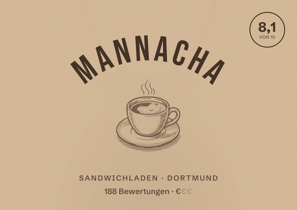 Illustriertes Poster von Mannacha, Sandwichladen in Dortmund: Bewertung 8,1 von 10 aus 188 Bewertungen, Preisniveau €