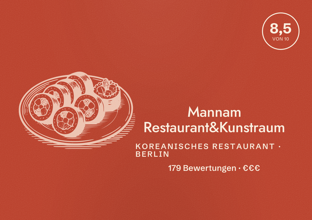 Illustriertes Poster von Mannam Restaurant&Kunstraum, Koreanisches Restaurant in Berlin: Bewertung 8,5 von 10 aus 179 Bewertungen, Preisniveau €€€