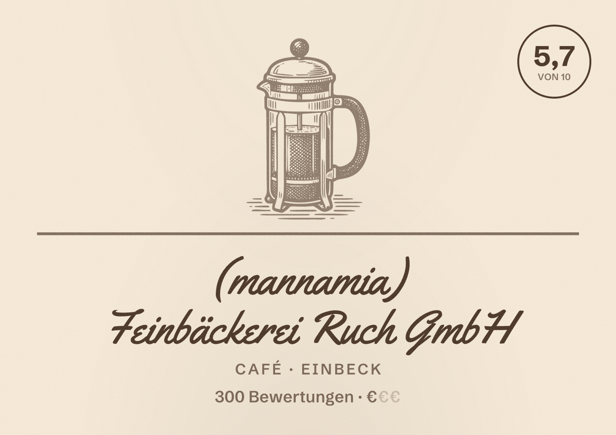 Illustriertes Poster von (mannamia) Feinbäckerei Ruch GmbH, Café in Einbeck: Bewertung 5,7 von 10 aus 300 Bewertungen, Preisniveau €