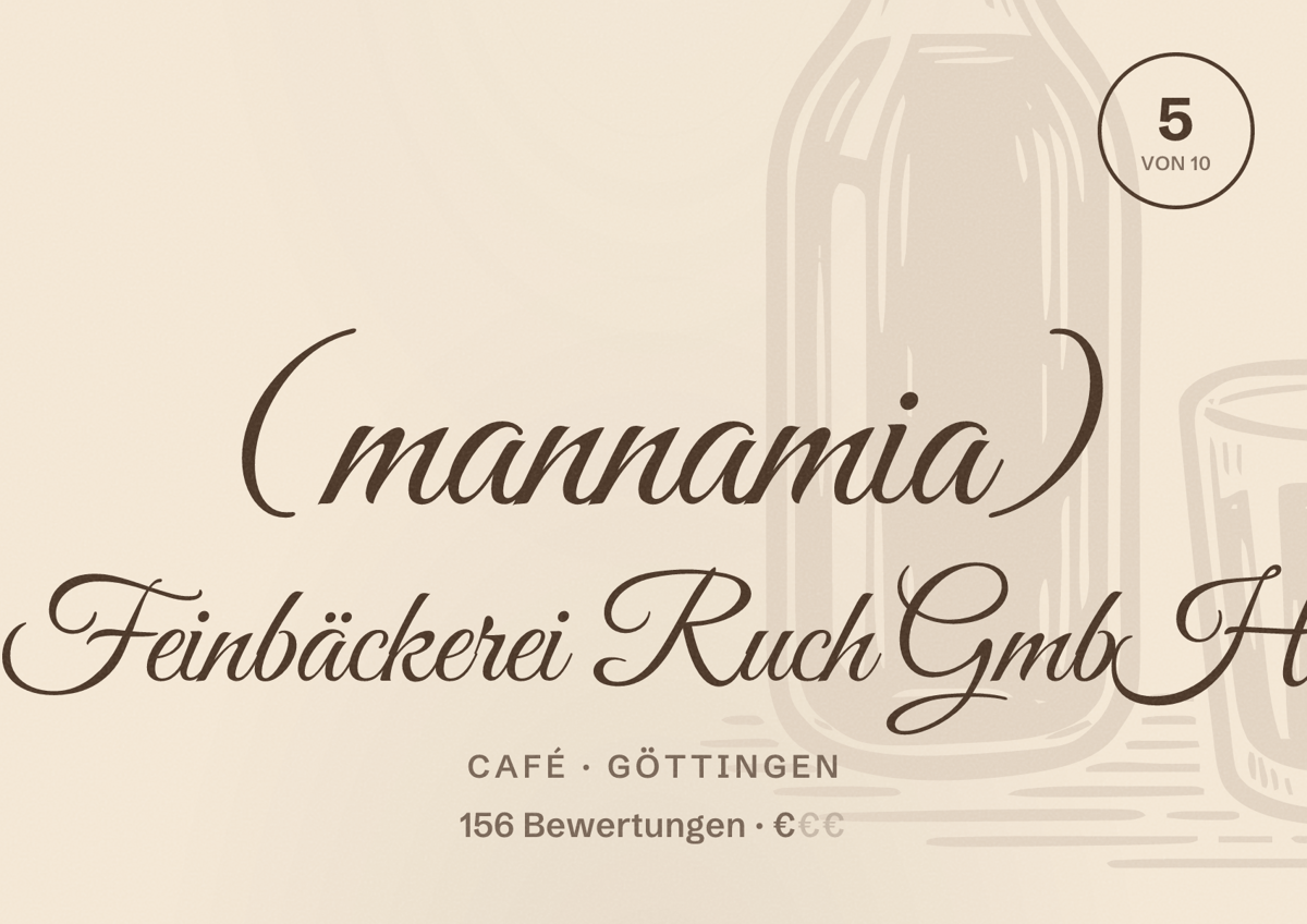 Illustriertes Poster von (mannamia) Feinbäckerei Ruch GmbH, Café in Göttingen: Bewertung 5 von 10 aus 156 Bewertungen, Preisniveau €