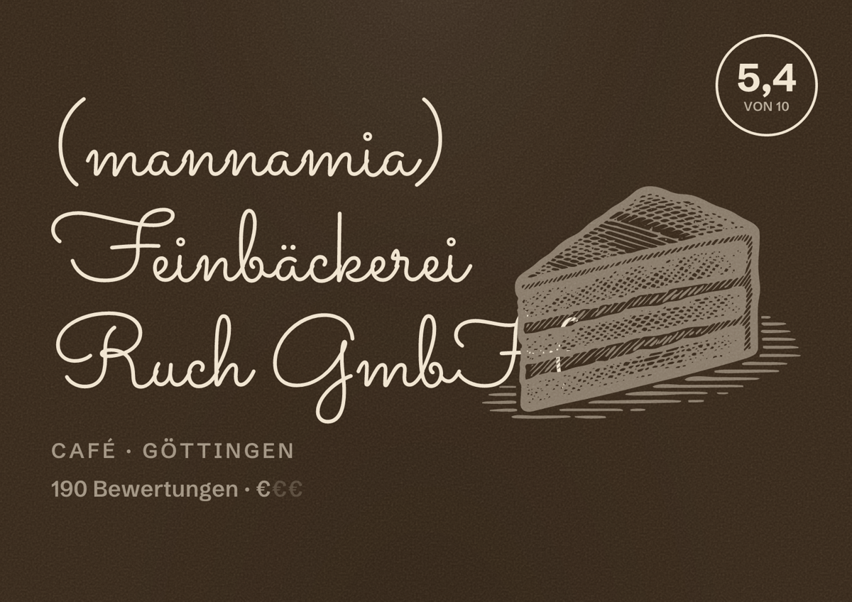 Illustriertes Poster von (mannamia) Feinbäckerei Ruch GmbH, Café in Göttingen: Bewertung 5,4 von 10 aus 190 Bewertungen, Preisniveau €