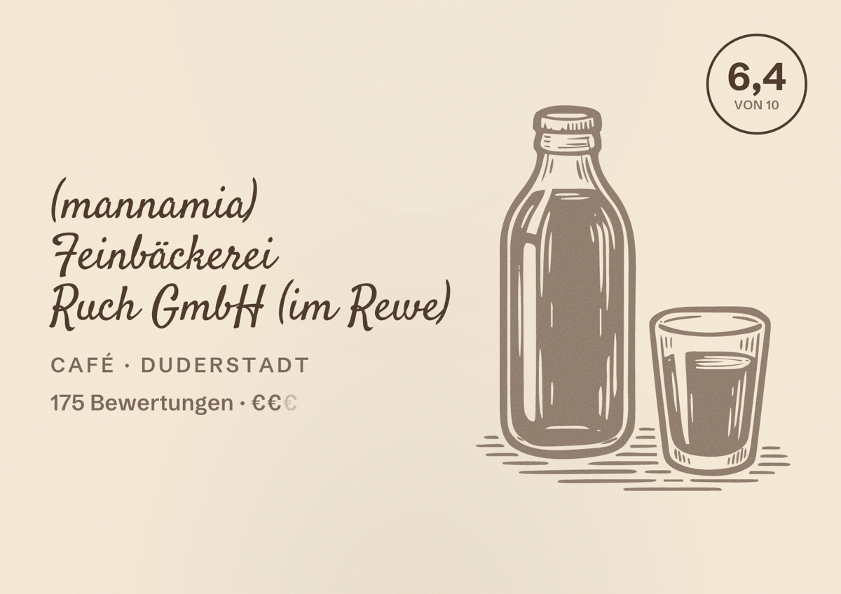 Illustriertes Poster von (mannamia) Feinbäckerei Ruch GmbH (im Rewe), Café in Duderstadt: Bewertung 6,4 von 10 aus 175 Bewertungen, Preisniveau €€