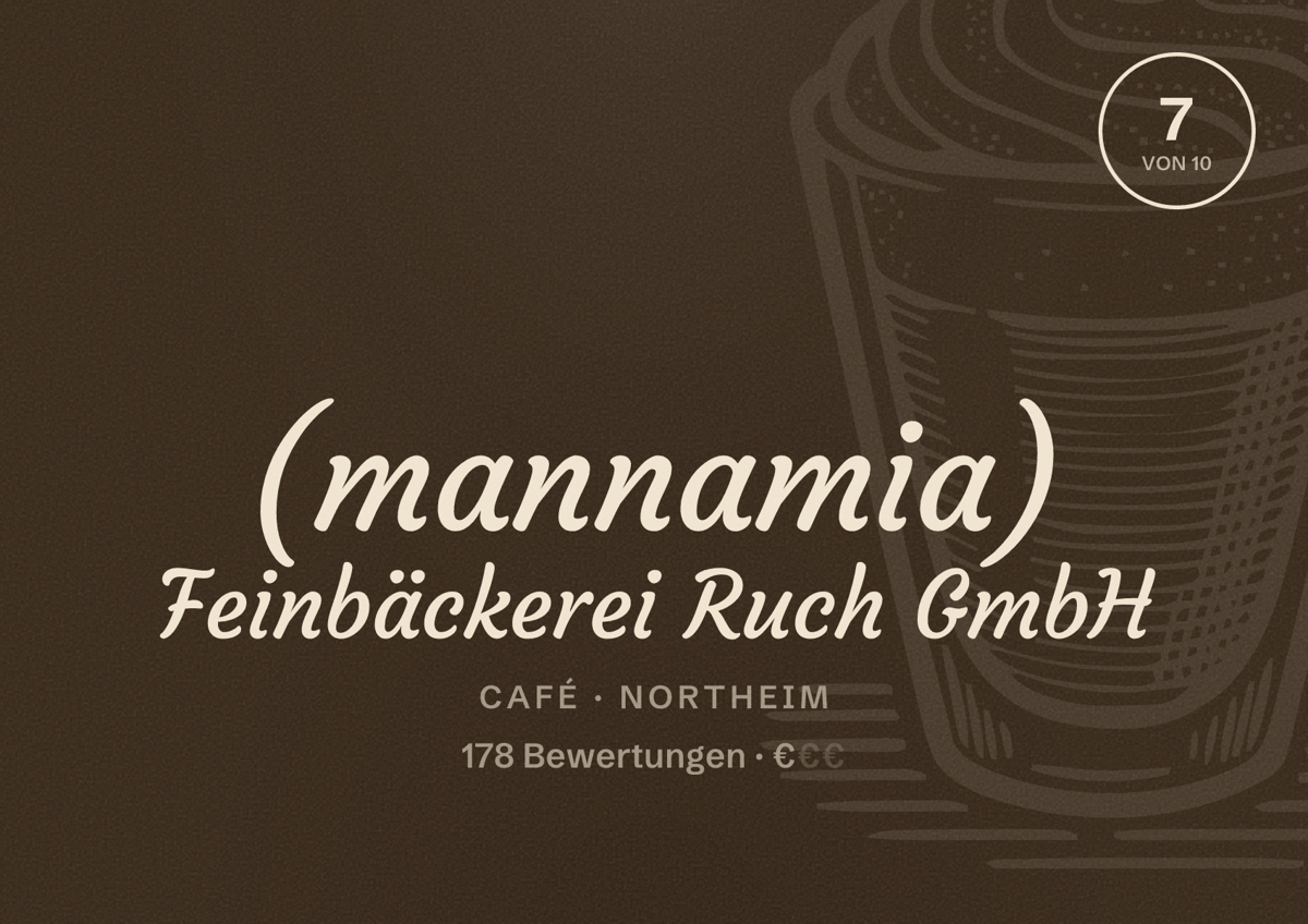 Illustriertes Poster von (mannamia) Feinbäckerei Ruch GmbH, Café in Northeim: Bewertung 7 von 10 aus 178 Bewertungen, Preisniveau €