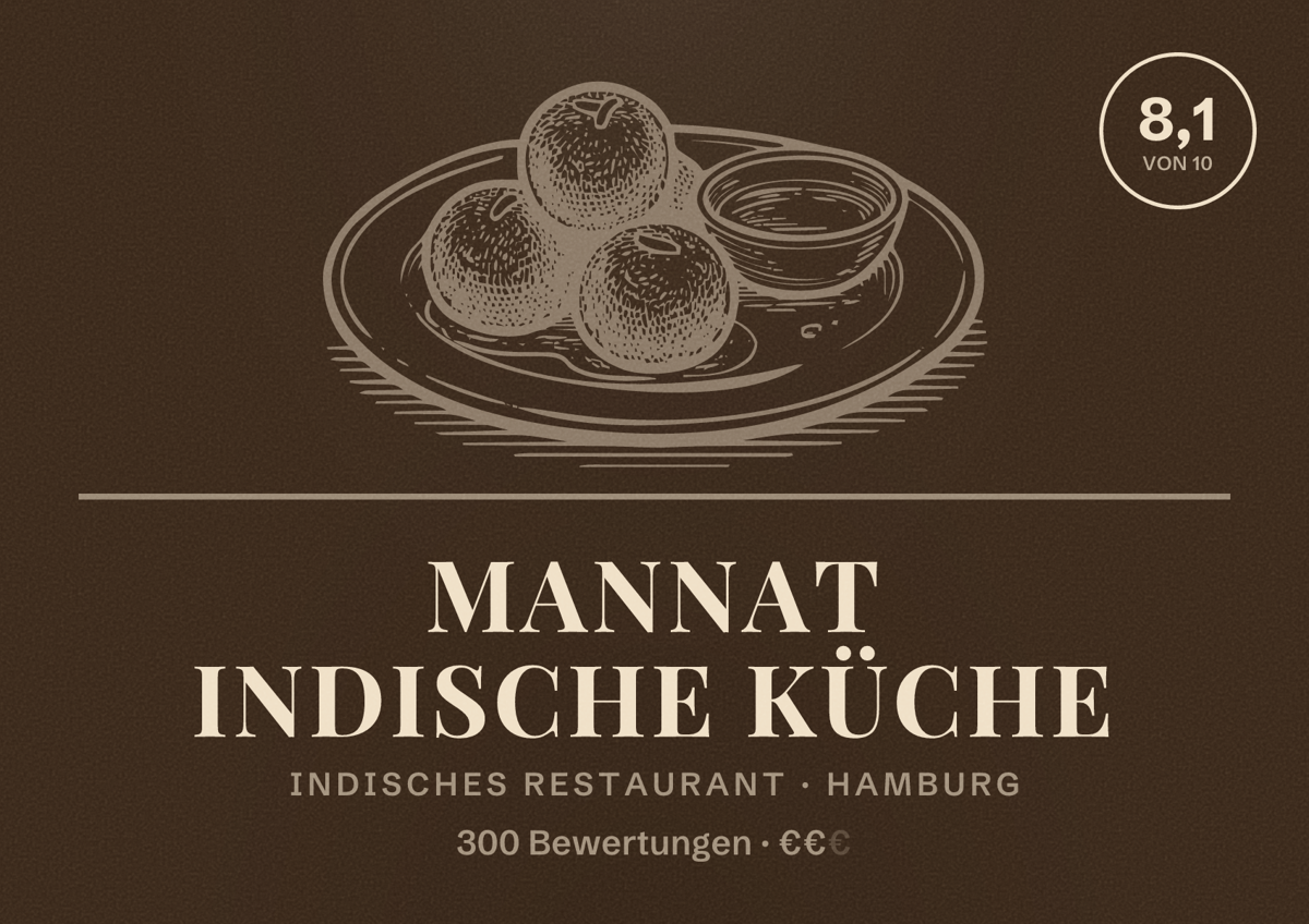 Illustriertes Poster von Mannat Indische Küche, Indisches Restaurant in Hamburg: Bewertung 8,1 von 10 aus 300 Bewertungen, Preisniveau €€