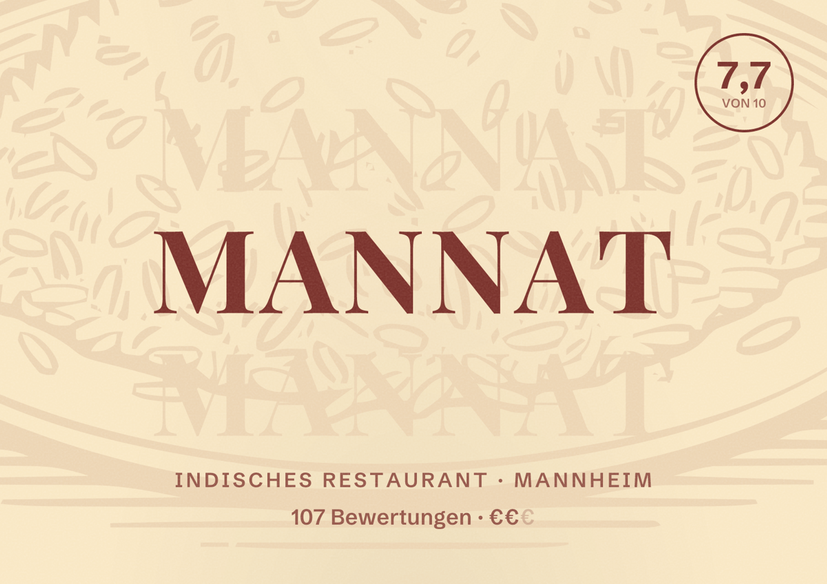 Illustriertes Poster von Mannat, Indisches Restaurant in Mannheim: Bewertung 7,7 von 10 aus 107 Bewertungen, Preisniveau €€