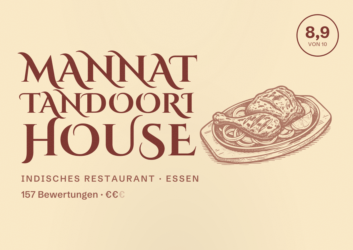 Illustriertes Poster von Mannat tandoori House, Indisches Restaurant in Essen: Bewertung 8,9 von 10 aus 157 Bewertungen, Preisniveau €€