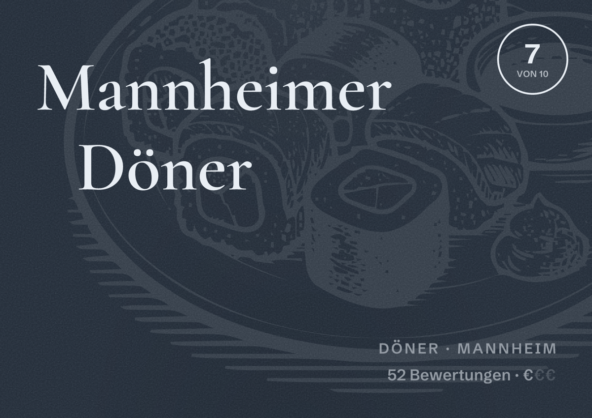 Illustriertes Poster von Mannheimer Döner, Döner in Mannheim: Bewertung 7 von 10 aus 52 Bewertungen, Preisniveau €