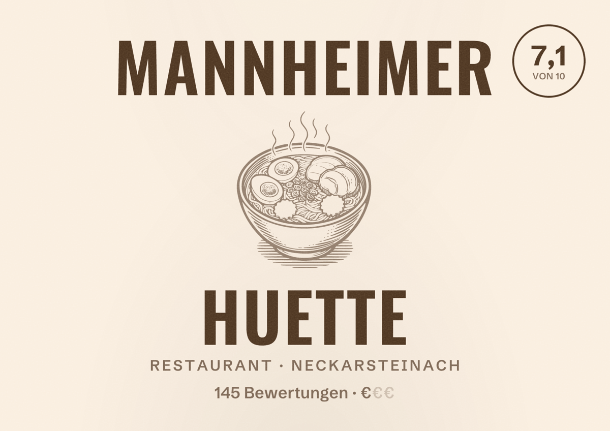 Illustriertes Poster von Mannheimer Huette, Restaurant in Neckarsteinach: Bewertung 7,1 von 10 aus 145 Bewertungen, Preisniveau €