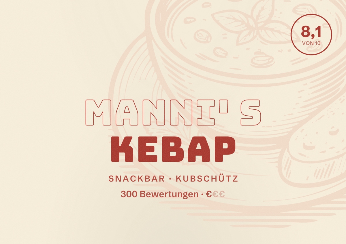 Illustriertes Poster von Manni' s Kebap, Snackbar in Kubschütz: Bewertung 8,1 von 10 aus 300 Bewertungen, Preisniveau €