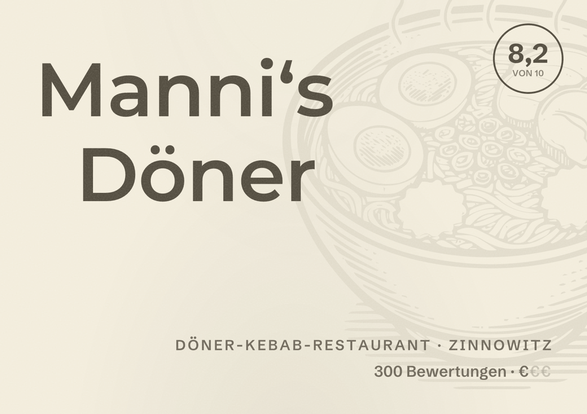 Illustriertes Poster von Manni‘s Döner, Döner-Kebab-Restaurant in Zinnowitz: Bewertung 8,2 von 10 aus 300 Bewertungen, Preisniveau €