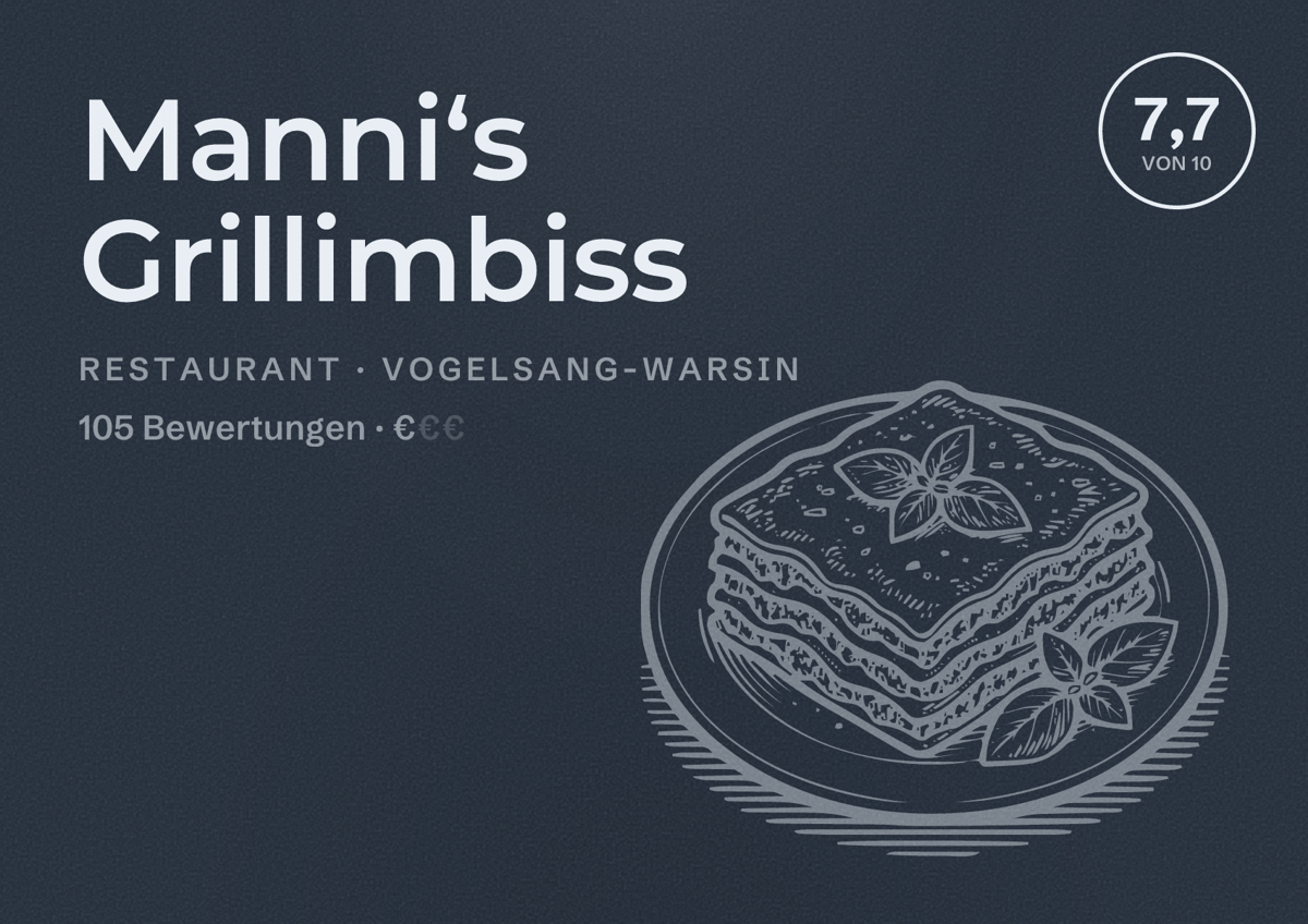 Illustriertes Poster von Manni‘s Grillimbiss, Restaurant in Vogelsang-Warsin: Bewertung 7,7 von 10 aus 105 Bewertungen, Preisniveau €