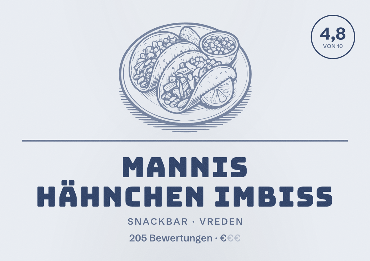 Illustriertes Poster von Mannis Hähnchen Imbiss, Snackbar in Vreden: Bewertung 4,8 von 10 aus 205 Bewertungen, Preisniveau €