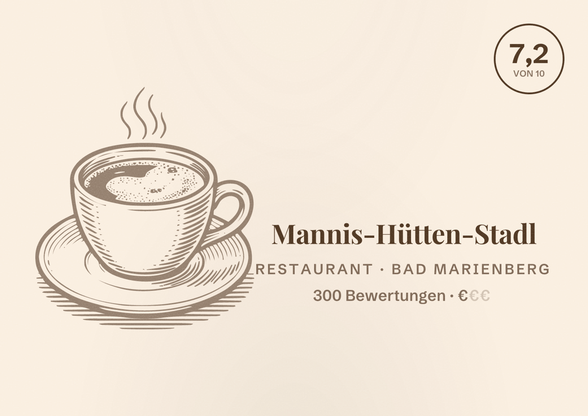 Illustriertes Poster von Mannis-Hütten-Stadl, Restaurant in Bad Marienberg: Bewertung 7,2 von 10 aus 300 Bewertungen, Preisniveau €