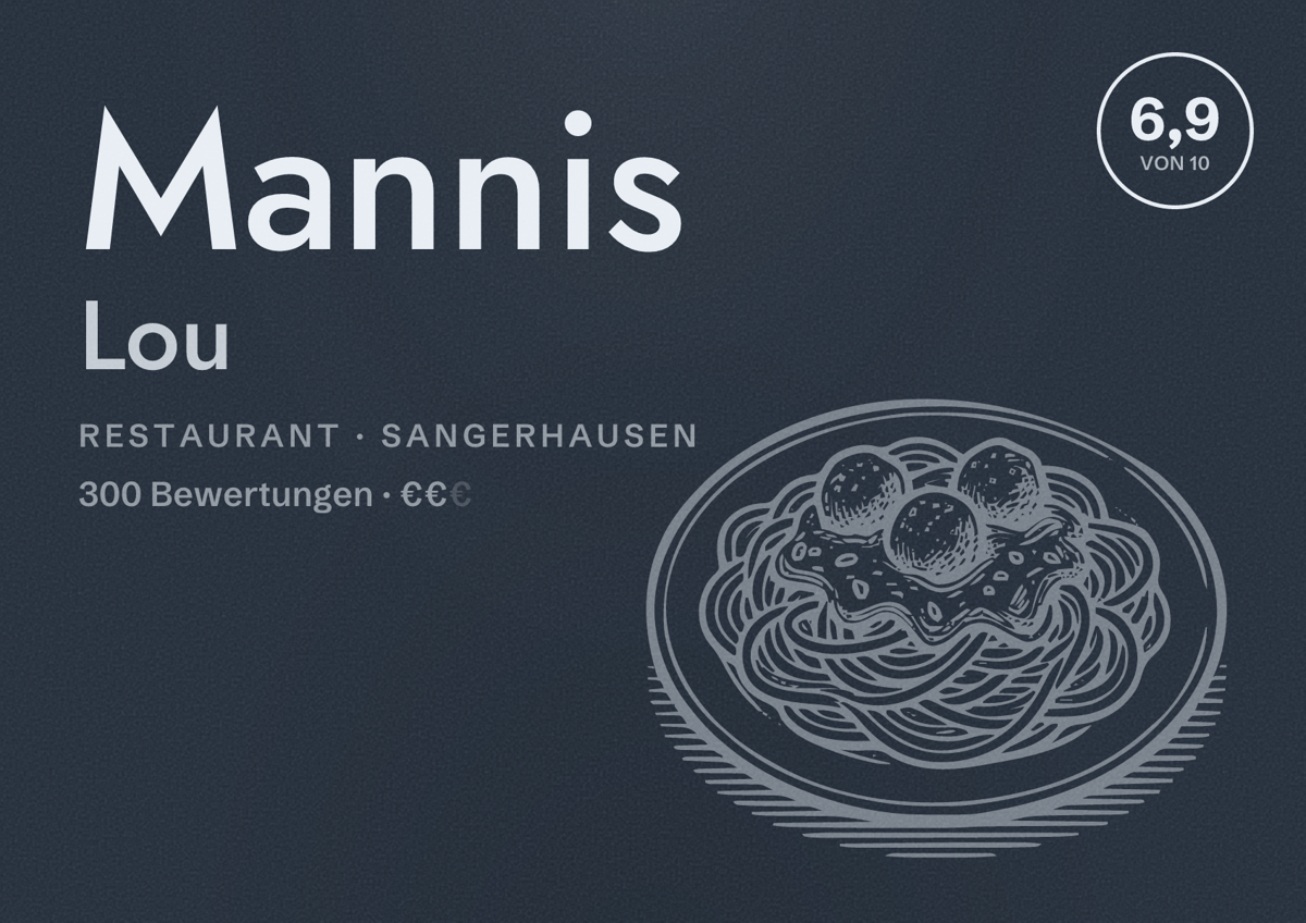 Illustriertes Poster von Mannis Lou, Restaurant in Sangerhausen: Bewertung 6,9 von 10 aus 300 Bewertungen, Preisniveau €€