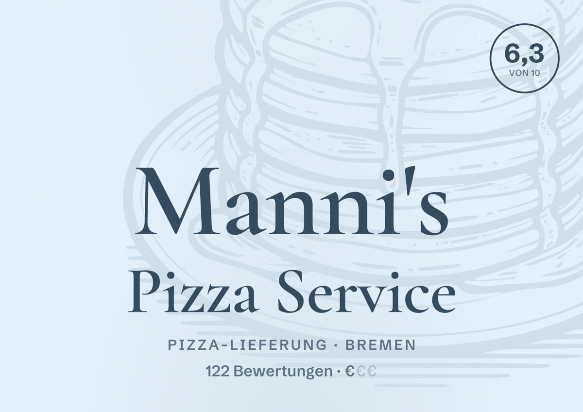 Illustriertes Poster von Manni's Pizza Service, Pizza-Lieferung in Bremen: Bewertung 6,3 von 10 aus 122 Bewertungen, Preisniveau €