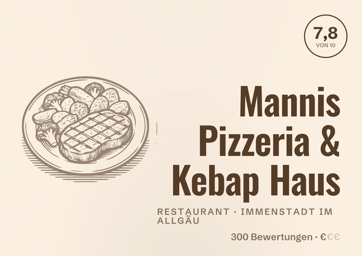 Illustriertes Poster von Mannis Pizzeria & Kebap Haus, Restaurant in Immenstadt im Allgäu: Bewertung 7,8 von 10 aus 300 Bewertungen, Preisniveau €