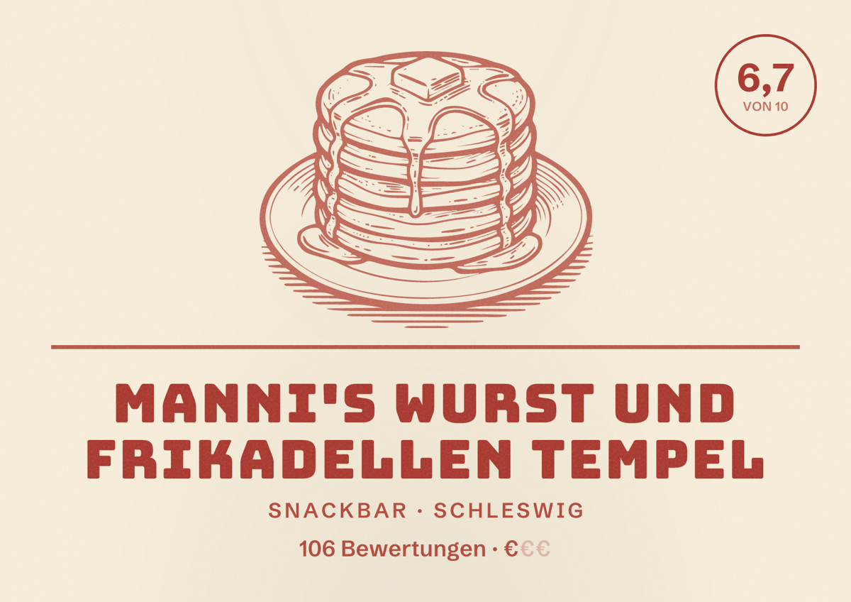 Illustriertes Poster von Manni's Wurst und Frikadellen Tempel, Snackbar in Schleswig: Bewertung 6,7 von 10 aus 106 Bewertungen, Preisniveau €