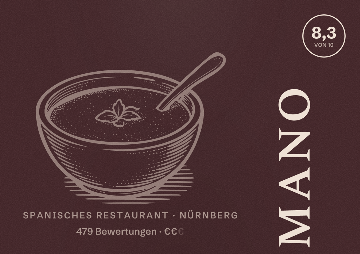 Illustriertes Poster von MANO, Spanisches Restaurant in Nürnberg: Bewertung 8,3 von 10 aus 479 Bewertungen, Preisniveau €€