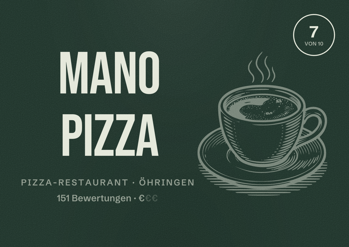 Illustriertes Poster von Mano Pizza, Pizza-Restaurant in Öhringen: Bewertung 7 von 10 aus 151 Bewertungen, Preisniveau €