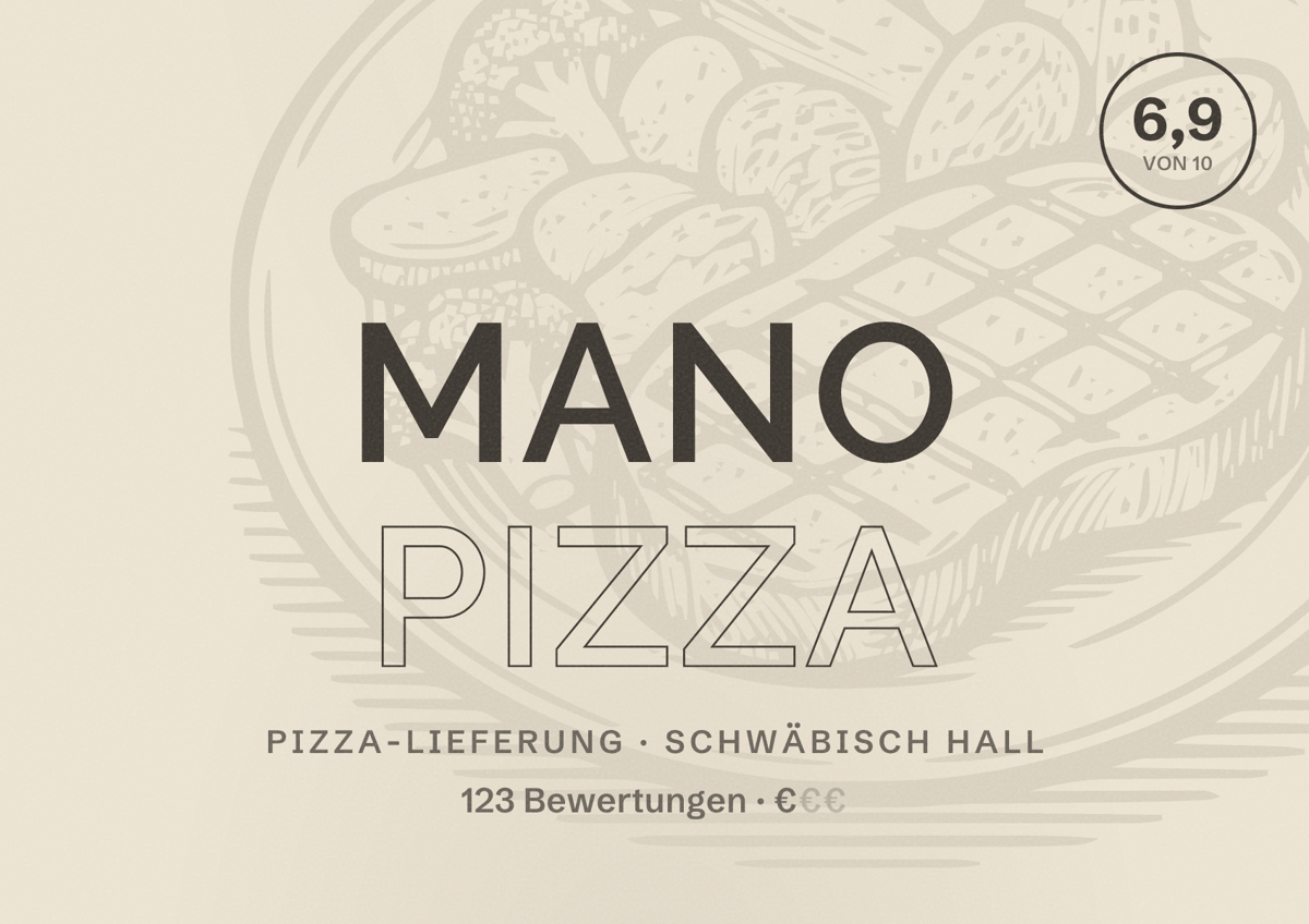 Illustriertes Poster von Mano Pizza, Pizza-Lieferung in Schwäbisch Hall: Bewertung 6,9 von 10 aus 123 Bewertungen, Preisniveau €