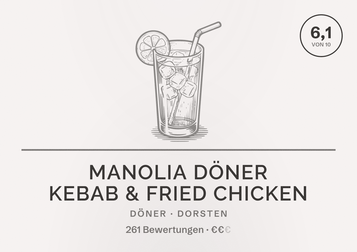 Illustriertes Poster von MANOLIA Döner Kebab & Fried Chicken, Döner in Dorsten: Bewertung 6,1 von 10 aus 261 Bewertungen, Preisniveau €€