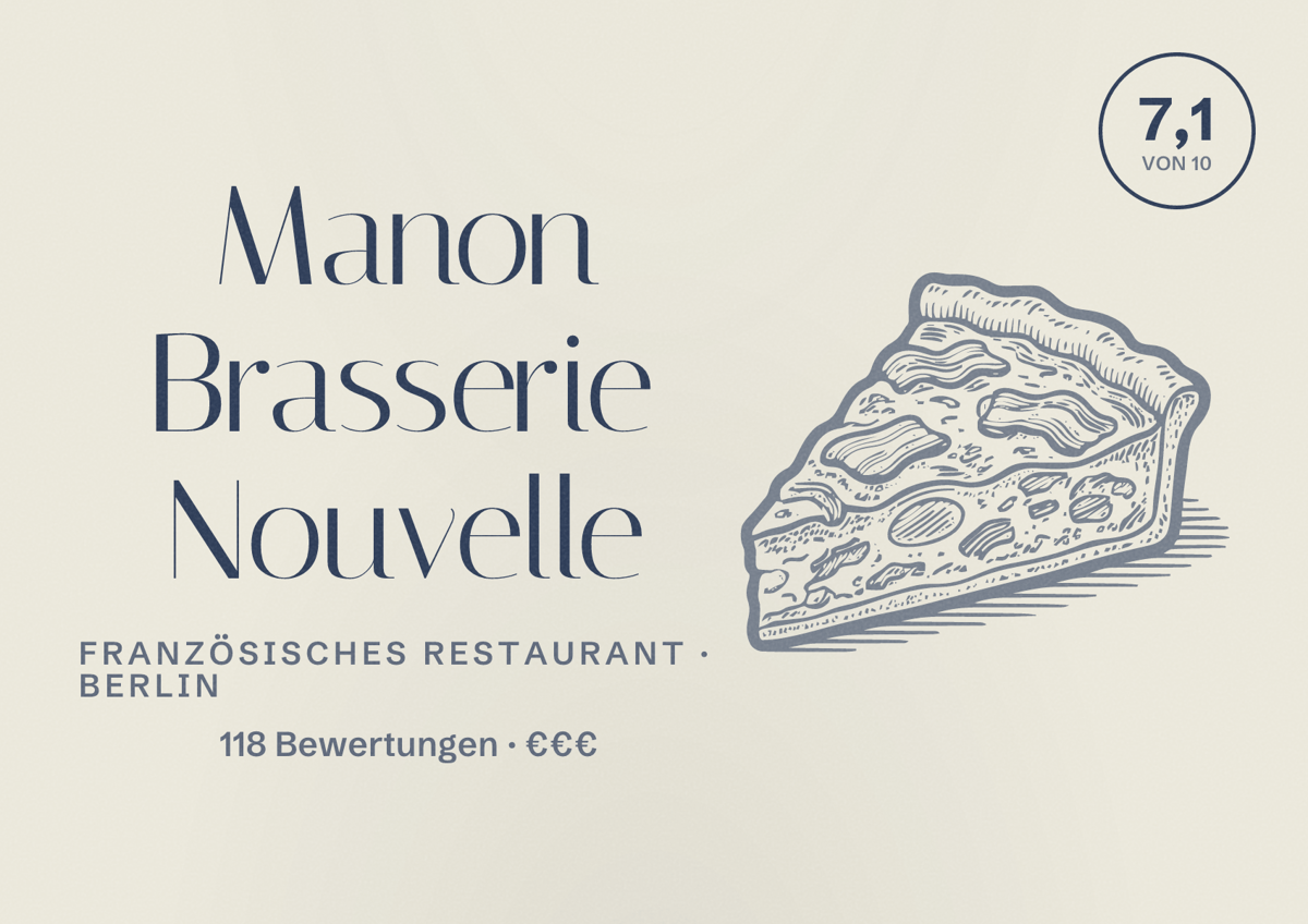 Illustriertes Poster von Manon Brasserie Nouvelle, Französisches Restaurant in Berlin: Bewertung 7,1 von 10 aus 118 Bewertungen, Preisniveau €€€