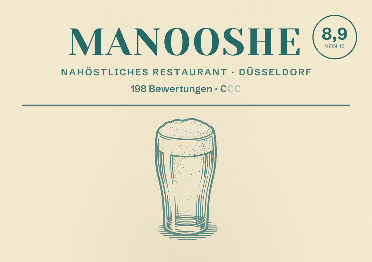 Illustriertes Poster von Manooshe, Nahöstliches Restaurant in Düsseldorf: Bewertung 8,9 von 10 aus 198 Bewertungen, Preisniveau €