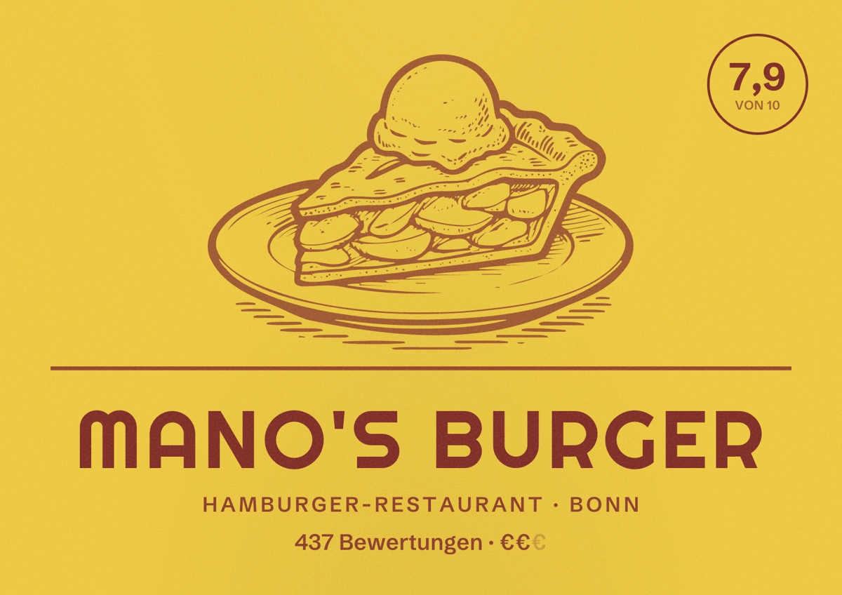 Illustriertes Poster von Mano's Burger, Hamburger-Restaurant in Bonn: Bewertung 7,9 von 10 aus 437 Bewertungen, Preisniveau €€