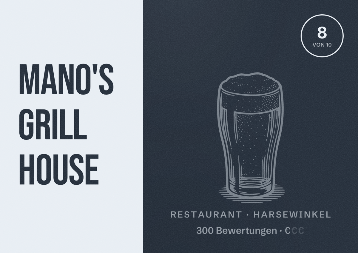Illustriertes Poster von Mano's Grill House, Restaurant in Harsewinkel: Bewertung 8 von 10 aus 300 Bewertungen, Preisniveau €