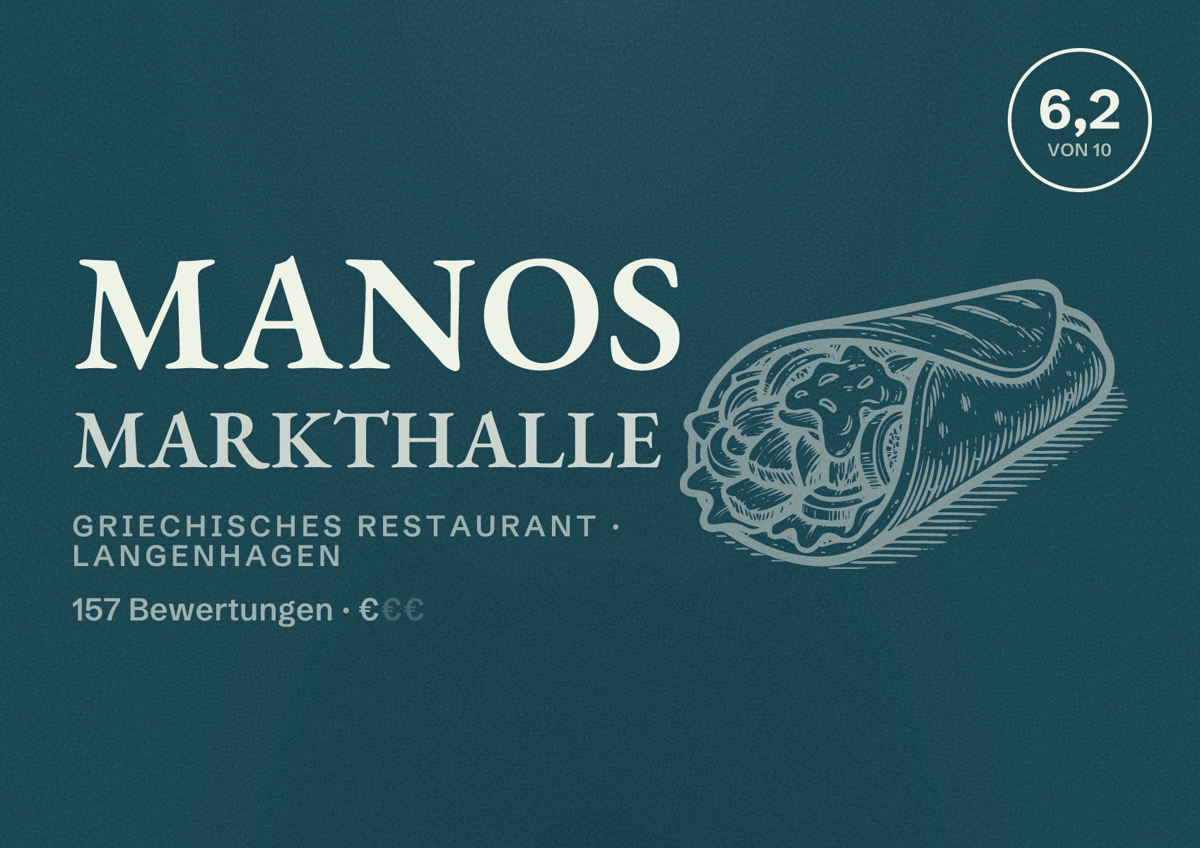 Illustriertes Poster von MANOS Markthalle, Griechisches Restaurant in Langenhagen: Bewertung 6,2 von 10 aus 157 Bewertungen, Preisniveau €